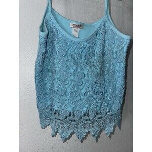 VTG Y2K Cami Crop Top XL Light Blue Ribbed Floral Crochet Lace Camisole Vejaiz